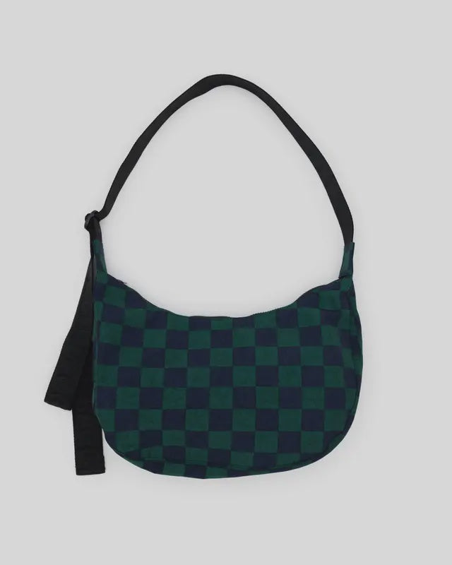 Navy Green Check Med Crescent Bag